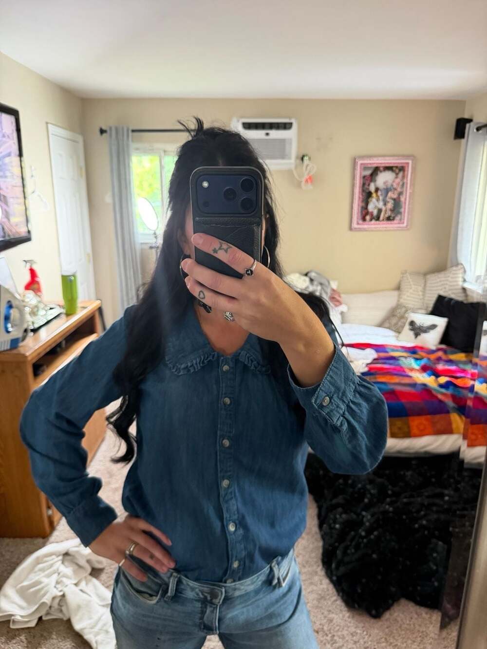 Peter Pan Miss Selfridge Denim Ruffle Collar Shirt US 2